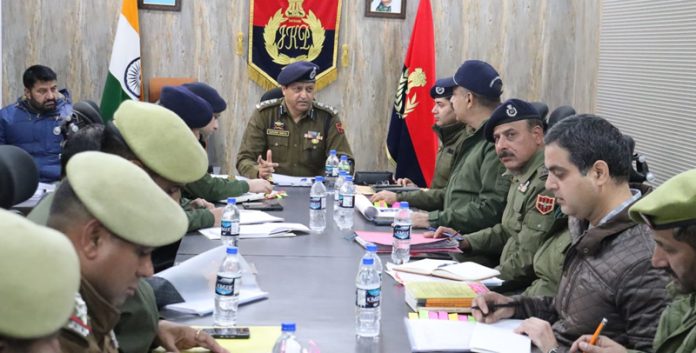 SSP Doda, Sandeep Kumar Mehta chairing a meeting with Police officers on Saturday.