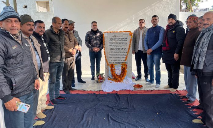 Dignitaries paying tribute to martyr Sham Singh at Village Dhore in Samba on Saturday.