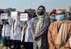 Doctors during a protest at SKIMS MC Bemina on Tuesday. -Excelsior/Shakeel