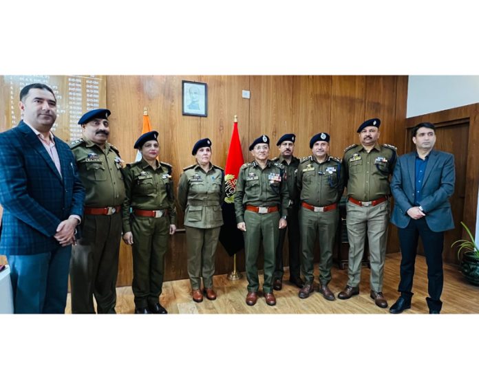 ADGP Jammu Zone Anand Jain, along with the newly promoted DySPs at ZPHQ Jammu on Friday.