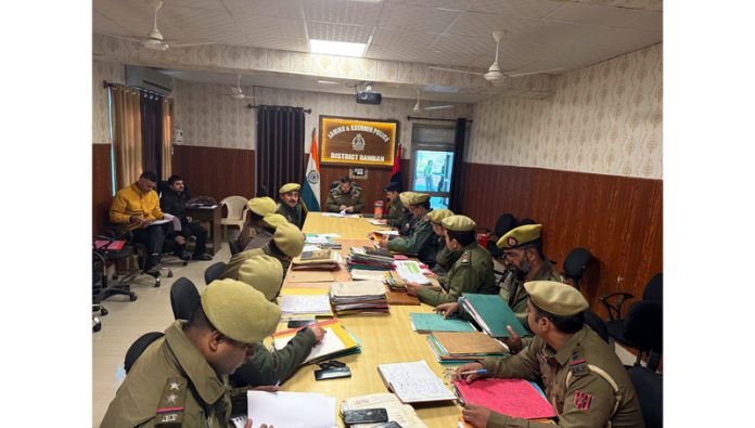 SSP Ramban Kulbir Singh chairing a meeting of police officers on Saturday.