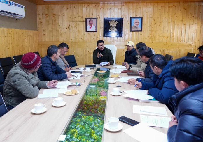 CEC Tashi Gyalson chairing a meeting in Leh on Tuesday.