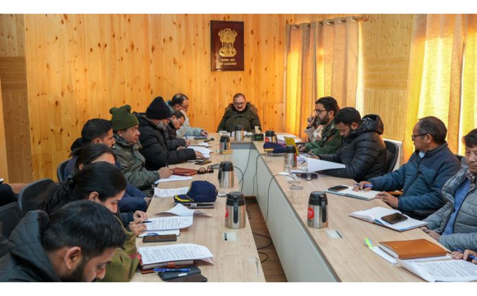 Advisor UT Ladakh, Dr Pawan Kotwal, chairing a meeting of officers in Leh on Wednesday. Advisor UT Ladakh, Dr Pawan Kotwal, chairing a meeting of officers in Leh on Wednesday.