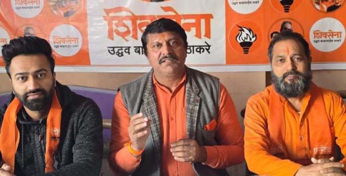 Manish Sahni addressing press conference at Shiv Sena (UBT) office in Jammu on Thursday.