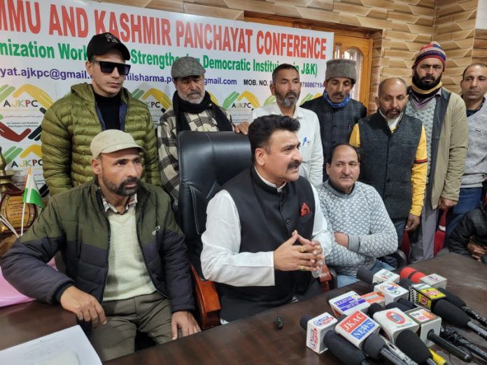 AJKPC president Anil Sharma addressing press conference in Jammu on Tuesday.