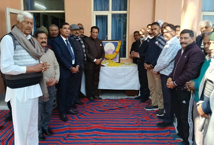 R S Chib paying tribute to Thakur Baldev Singh in Jammu on Monday. R S Chib paying tribute to Thakur Baldev Singh in Jammu on Monday.