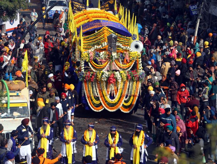 Impressive Nagar-Kirtan being taken out by Sikh community members in Jammu on Friday. — Excelsior/Rakesh