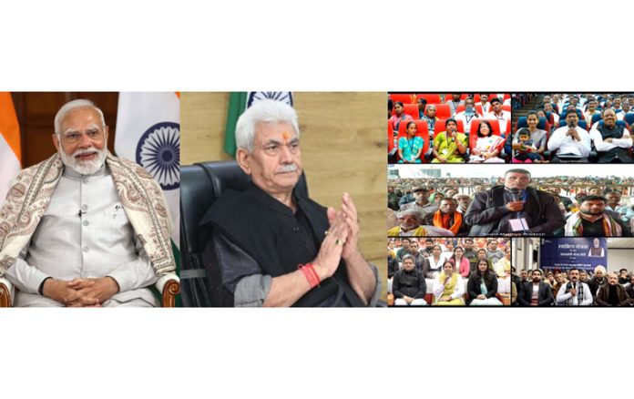 PM Narendra Modi interacting with beneficiaries of property cards. LG Manoj Sinha joined the function in Jammu.