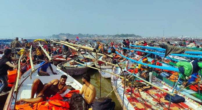 A view of boats at Kumbh Mela at Prayagraj on Saturday.