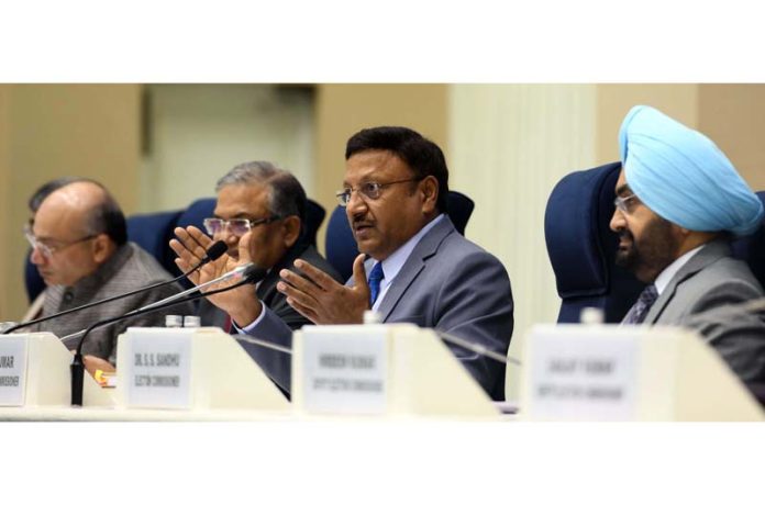 CEC Rajiv Kumar and two ECs addressing a press conference in New Delhi on Tuesday. (UNI)