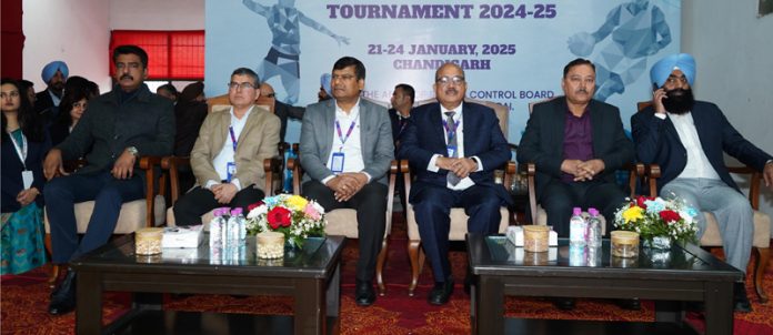 Dignitaries on dais during the start of SBI Inter Circle Basketball Tournament in Chandigarh.