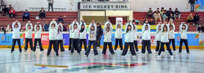 Players practising at a stadium in Leh ahead of Khelo India Winter Games 2025.
