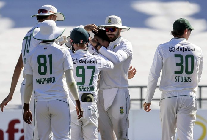 South Africa team celebrating after defeating Pakistan at Newlands, Cape Town on Monday.