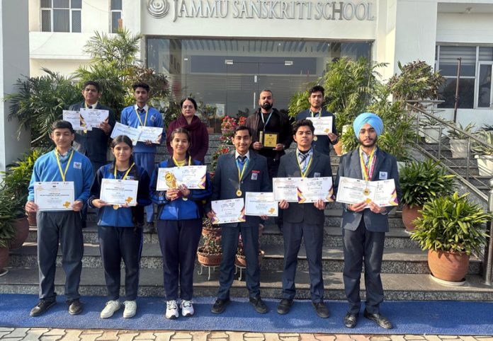 Students of Jammu Sanskriti School, Jammu posing along with certificates and medals. Students of Jammu Sanskriti School, Jammu posing along with certificates and medals.