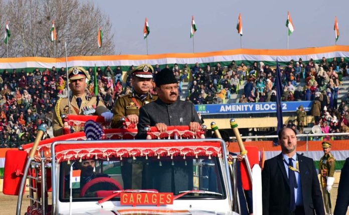 DyCM inspecting Republic Day parade at Bakshi Stadium, Srinagar.