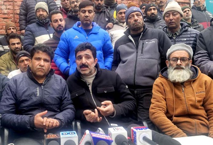 JKPEECC President, Nasir Ahmed Bhat during a press conference in Srinagar on Wednesday. -Excelsior/Shakeel