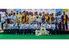 Winning team posing along with trophy during Khelo India Winter Games at Leh.