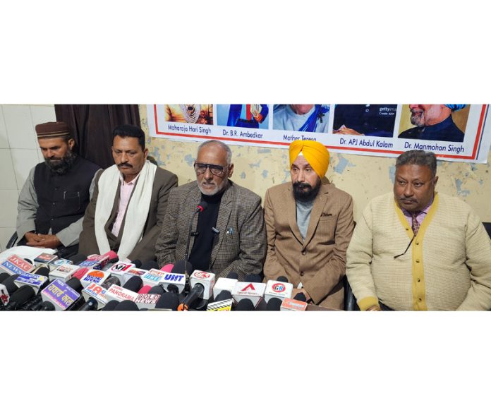 Leaders of MLA Contested United Forum addressing media persons at Jammu on Monday. — Excelsior/Rakesh Leaders of MLA Contested United Forum addressing media persons at Jammu on Monday. — Excelsior/Rakesh