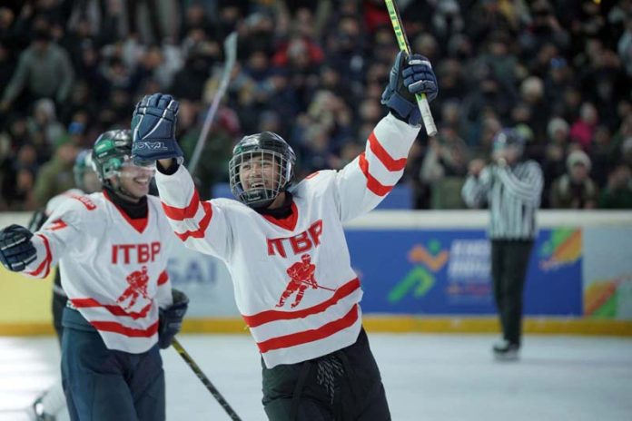 ITBP players celebrating after defeating the Indian Army in an ice-hockey match during KIWG 2025 at Leh. ITBP players celebrating after defeating the Indian Army in an ice-hockey match during KIWG 2025 at Leh.