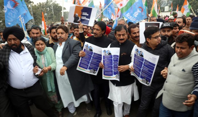 Cong leaders and workers taking out ‘Padyatra’ in Jammu on Saturday. -Excelsior/Rakesh