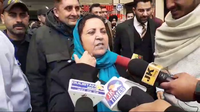 Education Minister Sakina Itoo talking to media.