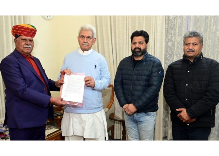Former Minister, Sukhnandan Choudhary Submitting memorandum to LG, Manoj Sinha in Jammu. Former Minister, Sukhnandan Choudhary Submitting memorandum to LG, Manoj Sinha in Jammu.