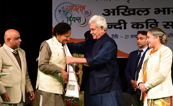 Lieutenant Governor Manoj Sinha during the ‘Rashtriya Kavi Sammelan’ in Hindi, Dogri and Urdu at Abhinav Theatre.