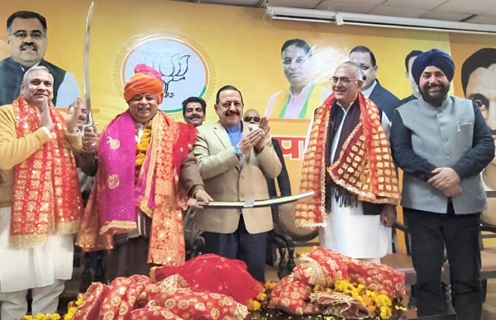 Sat Sharma with Dr Jitendra Singh and other BJP leaders after his election as J&K BJP president on Friday. -Excelsior/Rakesh Sat Sharma with Dr Jitendra Singh and other BJP leaders after his election as J&K BJP president on Friday. -Excelsior/Rakesh