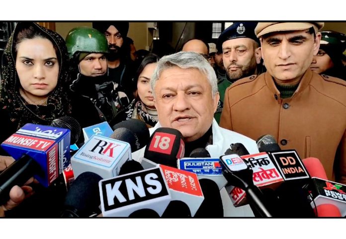 Transport Commissioner, Vishesh Paul Mahajan speaking with media persons in Srinagar on Friday. -Excelsior/Shakeel