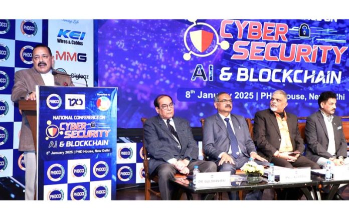 Union Minister Dr. Jitendra Singh addressing the National Conference on Cybersecurity, Artificial Intelligence and Block Chain organised by PHD Chamber of Commerce & Industry at New Delhi on Wednesday. Union Minister Dr. Jitendra Singh addressing the National Conference on Cybersecurity, Artificial Intelligence and Block Chain organised by PHD Chamber of Commerce & Industry at New Delhi on Wednesday.