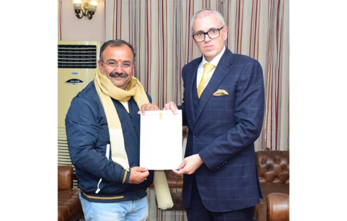MLA Bahu Ch Vikram Randhawa giving a memorandum to Chief Minister, Omar Abdullah at Jammu on Friday.