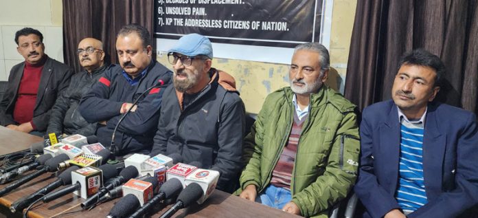 Kashmiri Pandit leaders talking to media persons at Jammu on Thursday. —Excelsior/Rakesh
