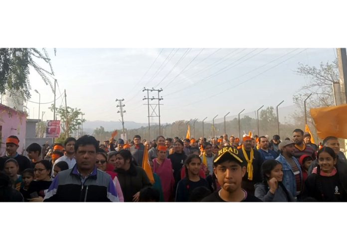 Displaced KP community during a rally organized on 35th exodus anniversary near Jagti in Jammu on Sunday.