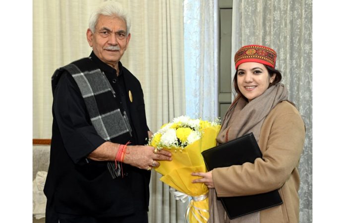 Devyani Rana, Vice President, Bhartiya Janata Yuva Morcha J&K meeting LG Manoj Sinha. Devyani Rana, Vice President, Bhartiya Janata Yuva Morcha J&K meeting LG Manoj Sinha.