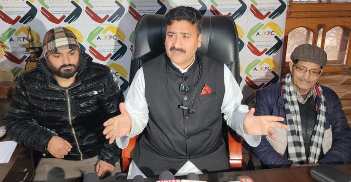 AJKPC president Anil Sharma addressing a press conference at Jammu on Saturday. —Excelsior/Rakesh AJKPC president Anil Sharma addressing a press conference at Jammu on Saturday. —Excelsior/Rakesh