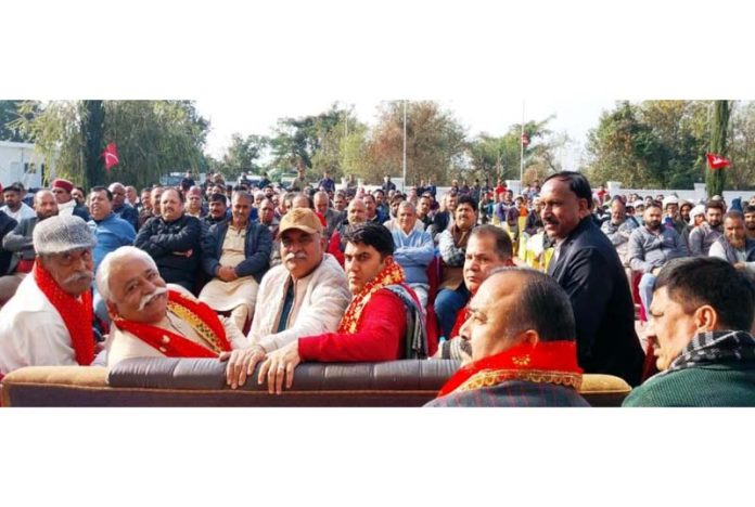 Senior NC leader Ajay Sadhotra, flanked by others addressing party convention in Gharota area of Jammu North. Senior NC leader Ajay Sadhotra, flanked by others addressing party convention in Gharota area of Jammu North.