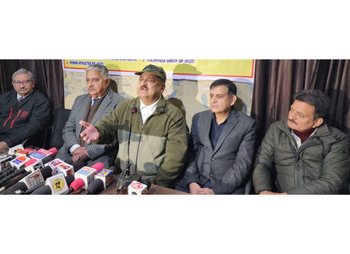 VKS convener Kiran Wattal and other Kashmiri leaders during a press conference at Jammu on Saturday.