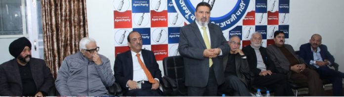 Apni Party President, Syed Mohammad Altaf Bukhari addressing party workers in Jammu on Thursday. Apni Party President, Syed Mohammad Altaf Bukhari addressing party workers in Jammu on Thursday.