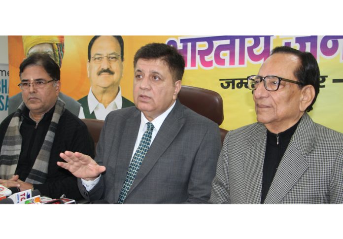 BJP leaders at a press conference in Jammu on Tuesday. — Excelsior/Rakesh BJP leaders at a press conference in Jammu on Tuesday. — Excelsior/Rakesh