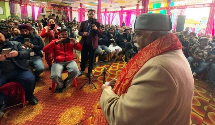 Senior NC leader Ajay Sadhotra addressing a public rally at Reasi on Wednesday.