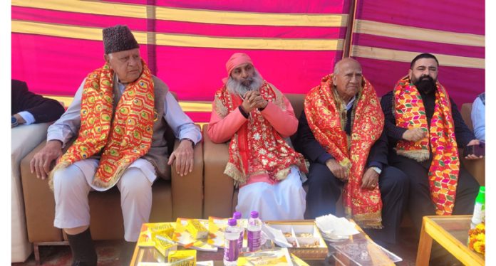 NC president Dr Farooq Abdullah and other senior party leaders during an event at Katra in Reasi district.