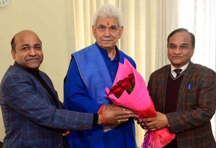 Lt Governor Manoj Sinha meeting Dr Sanjay Bansal, National President, FTII and Lalit Mahajan, Chairman, Federation of Industries Jammu.