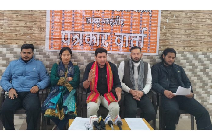 ABVP office bearers addressing media persons during conference at Vijaypur in Samba district. ABVP office bearers addressing media persons during conference at Vijaypur in Samba district.
