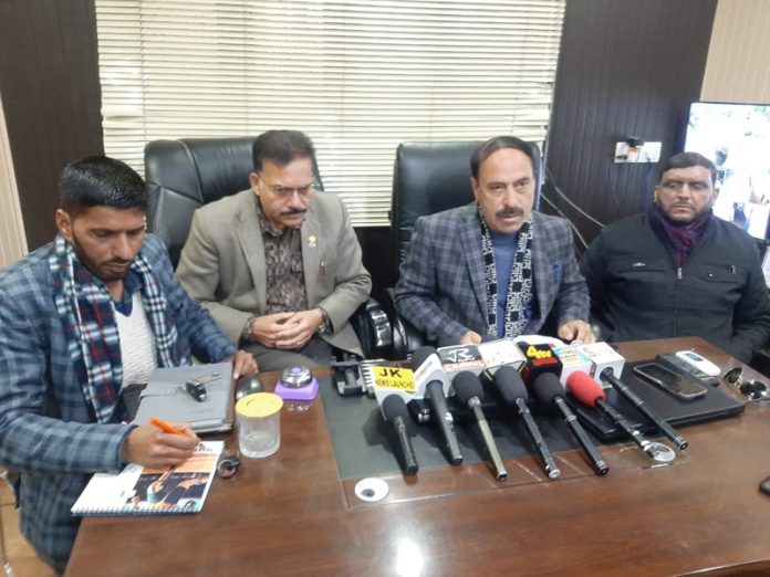 Private Schools Association president, Abdul Raouf Dar addressing press conference in Rajouri. - Excelsior/Imran