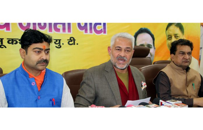 Arun Gupta talking to media persons at BJP headquarters in Jammu on Monday.