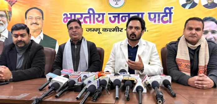 BJP leaders addressing a press conference at Jammu on Saturday.