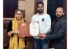 J&K Waqf Board Chairperson, Dr Darakhshan Andrabi receiving award at Jammu.