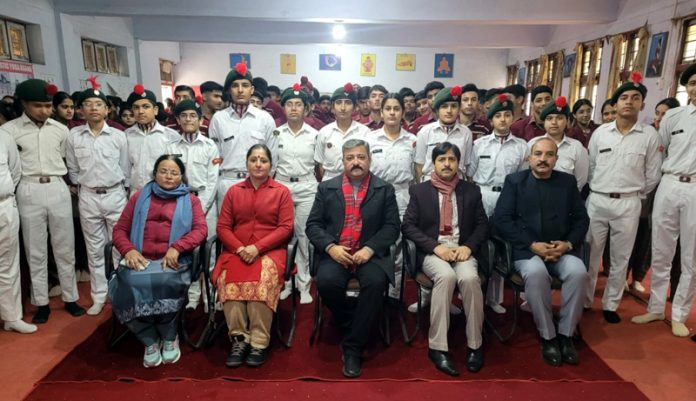Zorawar Singh Jamwal posing along with students of MHAC and teachers on Satuday.
