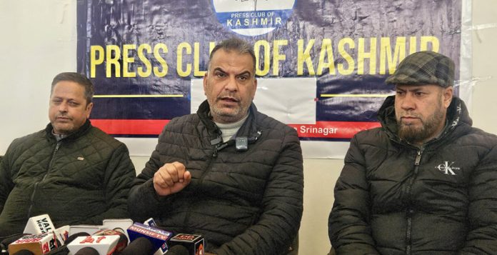 Farooq Ahmed Dar Gen Secy, JK Central Contractors Coordination Committee addressing a press conference. -Excelsior/Shakeel