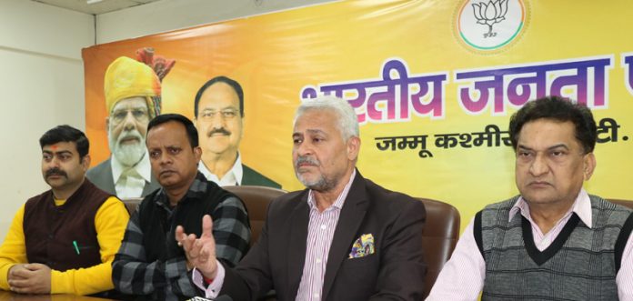 Arun Gupta, spokesperson J&K BJP addressing a press conference in Jammu on Thursday.
